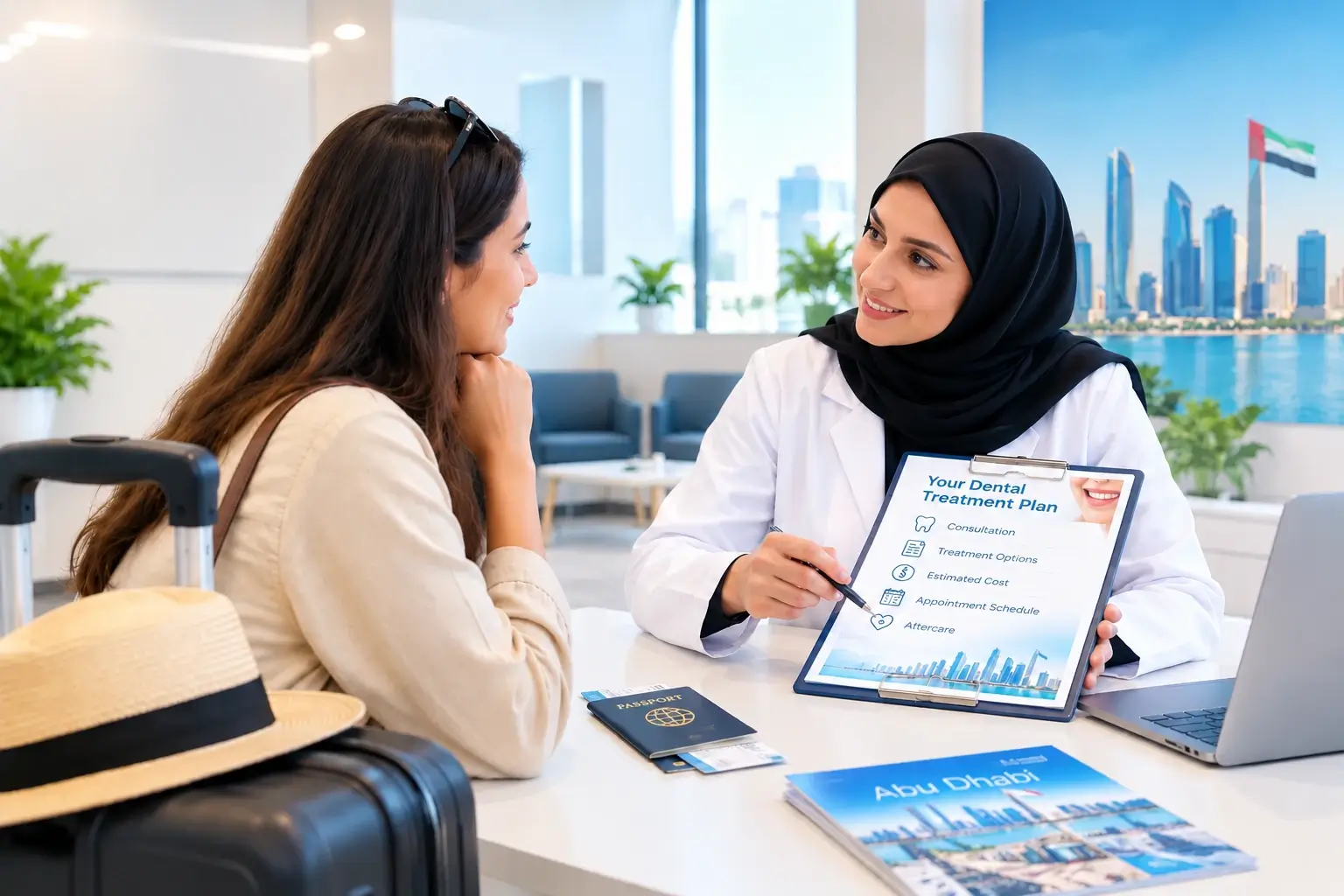 Dentist explaining treatment plan to an international patient